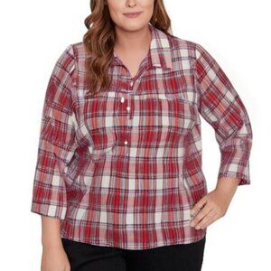 Alfred Dunner Red Plaid Rhinestone Accent Button Front 3/4 Sleeve Blouse Size 16
